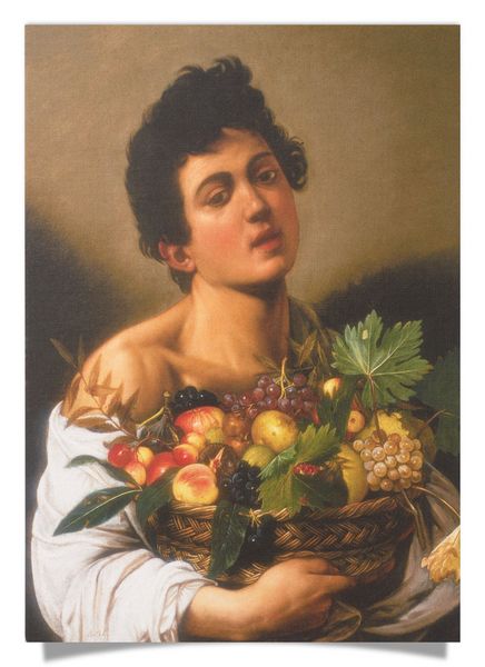 Postkarte: Junger Mann mit Fruchtkorb