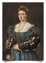 Postkarte: Junge Frau in blauem Kleid mit Fächer