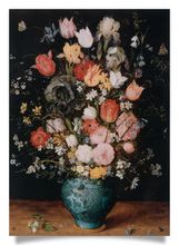 Postkarte: Großer Blumenstrauß in einem Holzgefäß