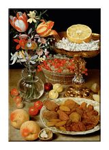 Postkarte: Dessertstillleben mit Blumenstrauß