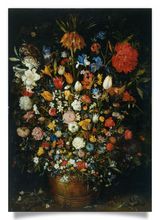 Postkarte: Großer Blumenstrauß in einem Holzgefäß