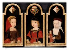Postkarte: Kaiser Karl V. als Zweijähriger mit seinen Schwestern Eleonore und Isabella