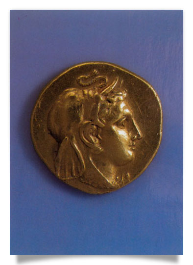 Postcard: Gold Stater with juvenil head wearing an elephant&#039;s scalp
