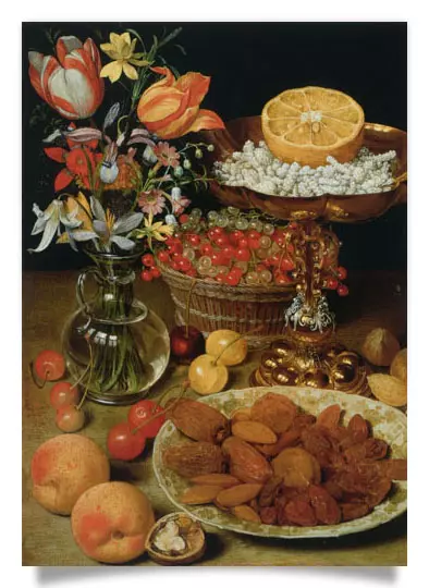 Postcard: Dessert Still Life with a Bunch of Flowers