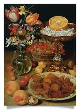 Postkarte: Dessertstillleben mit Blumenstrauß