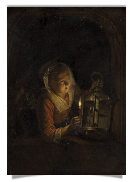 Postkarte: Mädchen am Fenster mit Laterne