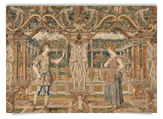 Postkarte: Tapisserie - Vertumnus naht Pomona als Winzer (Detail)