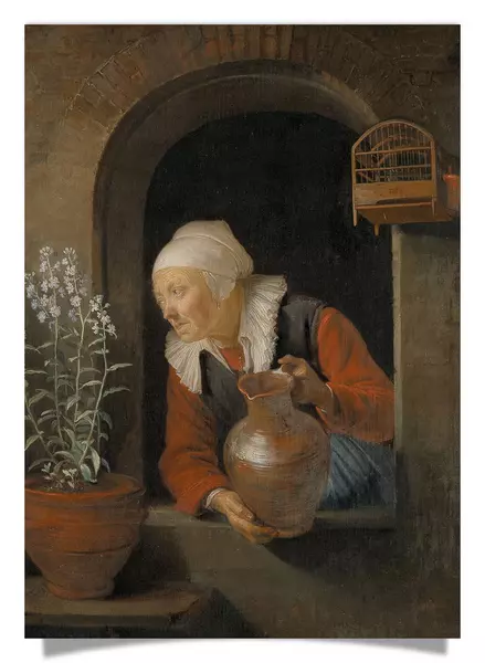 Postkarte: Alte Frau am Fenster