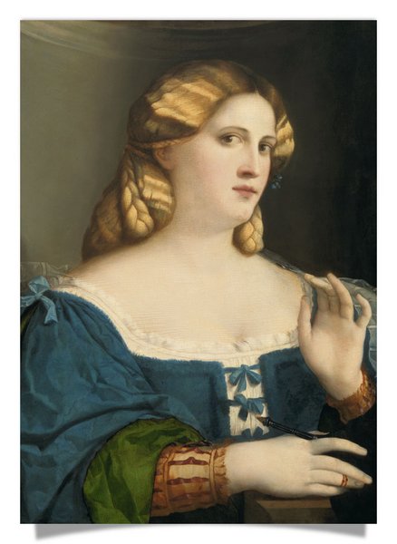 Postkarte: Junge Frau in blauem Kleid mit Fächer