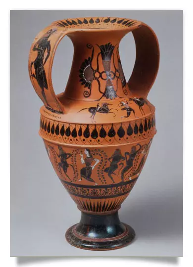 Postkarte: Bandhenkelamphora Silene und Mänaden
