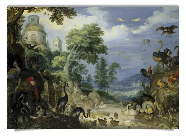 Postkarte: Landschaft mit Vögeln