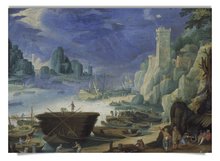 Postkarte: Nächtliche Hafenlandschaft mit Leuchtturm