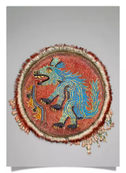 Postcard: Feather shield with coyote